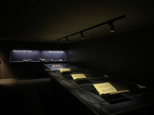 Copies of the Gutenberg Bible in the safe room of the Gutenberg Museum Mainz